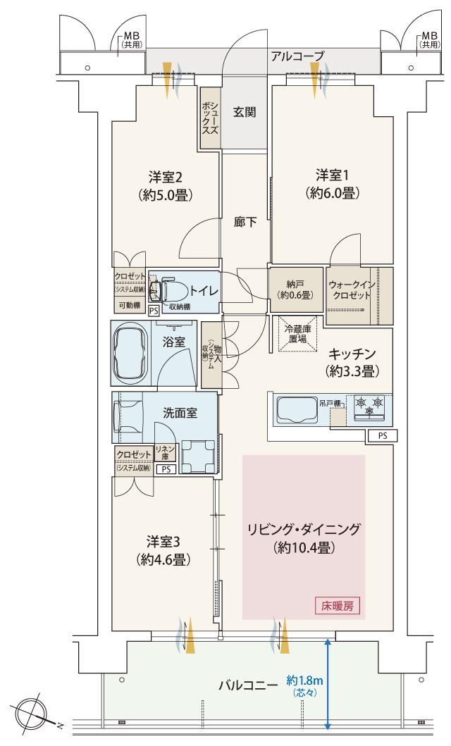 ローレルスクエア柏原の間取り図　W：3LDK+N(納戸)