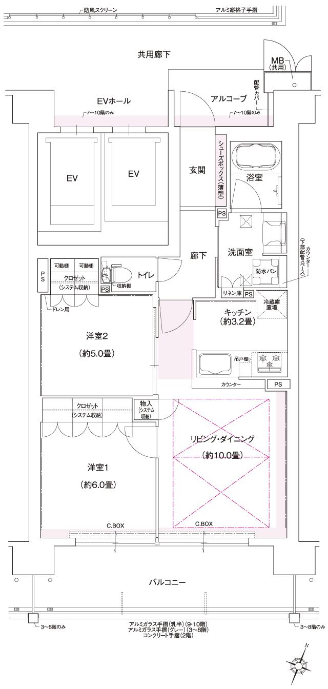 ローレルスクエア柏原の間取り図　C：2LDK