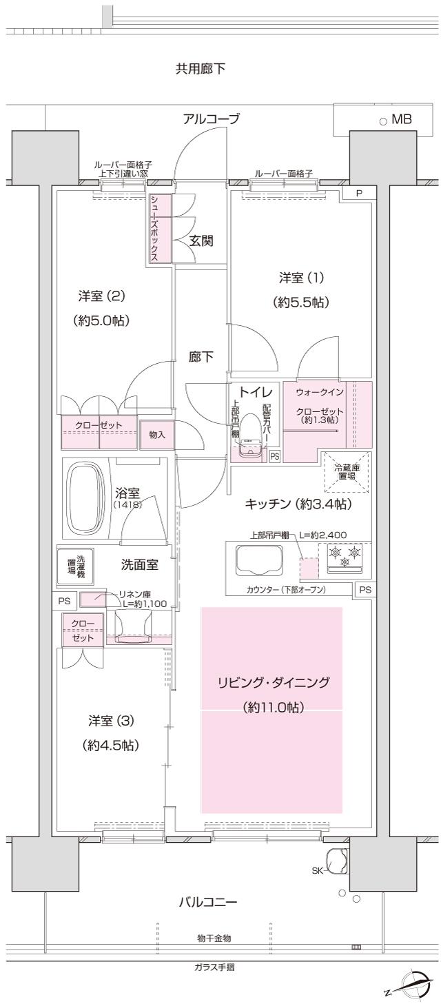 プレディア神戸舞子レジデンスの間取り図　WH1：3LDK+WIC