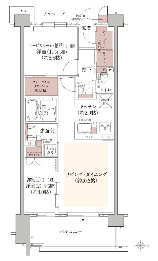 ウエリス西宮甲東園の間取り図　EG：2LDK+WIC+SIC/1LDK+S+WIC+SIC