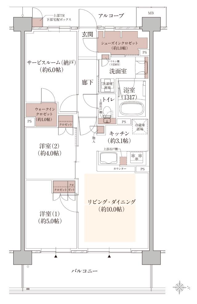 ウエリス西宮甲東園の間取り図　EH：2LDK+S+WIC+SIC