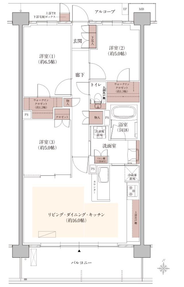 ウエリス西宮甲東園の間取り図　SF：3LDK+2WIC