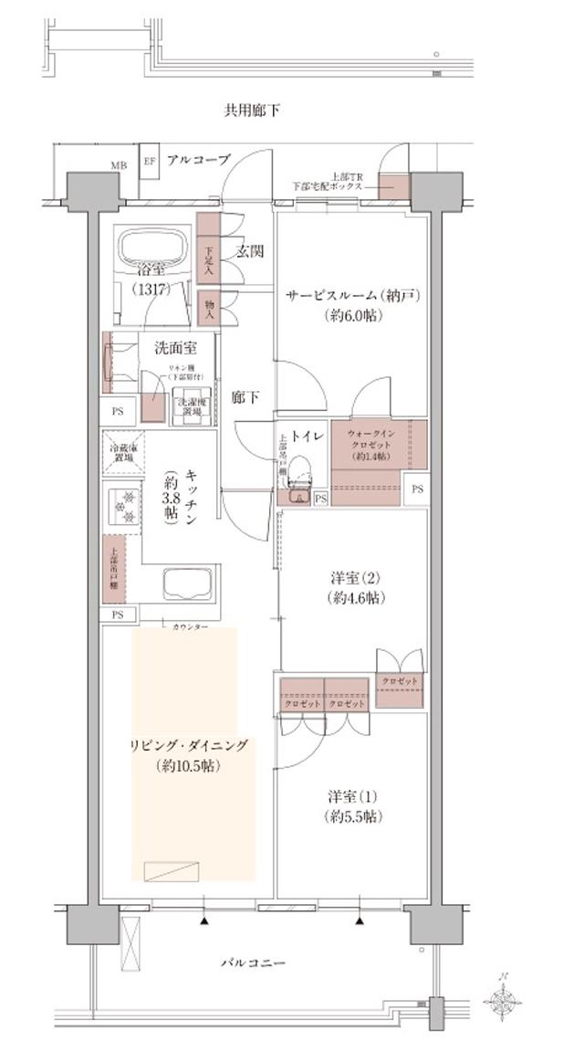 ウエリス西宮甲東園の間取り図　SI：2LDK+S+WIC