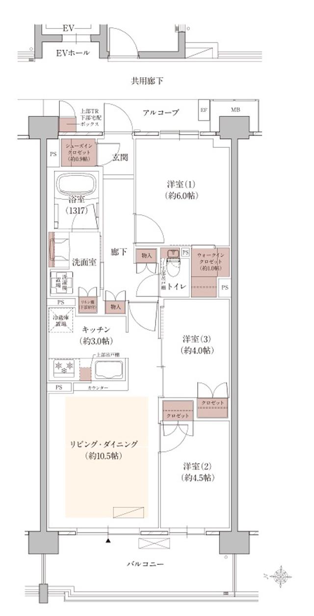 ウエリス西宮甲東園の間取り図　WC：3LDK+WIC+SIC