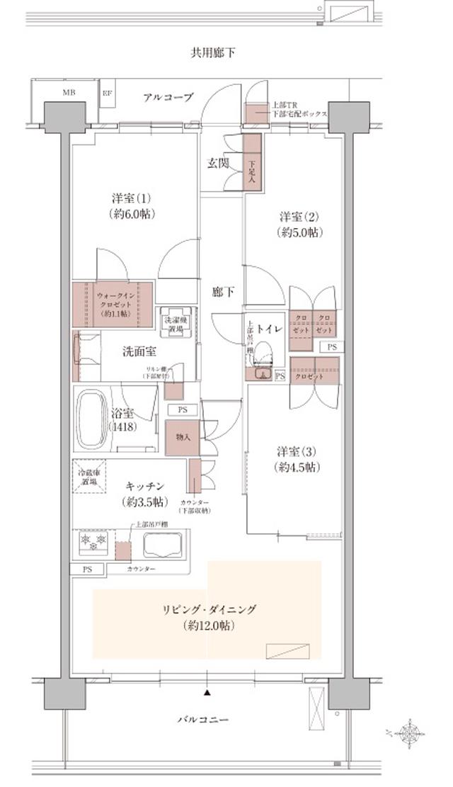 ウエリス西宮甲東園の間取り図　WD：3LDK+WIC