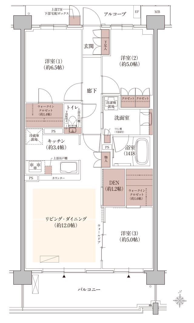 ウエリス西宮甲東園の間取り図　SB：3LDK+DEN+2WIC