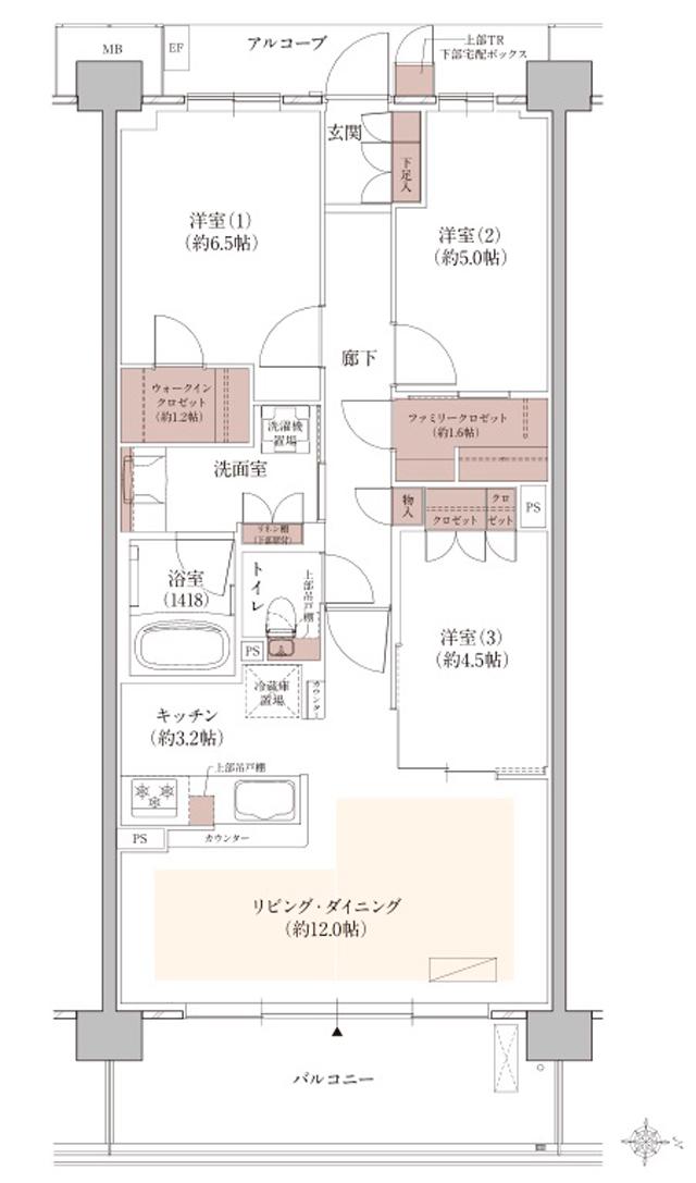 ウエリス西宮甲東園の間取り図　EB：3LDK+WIC+FC