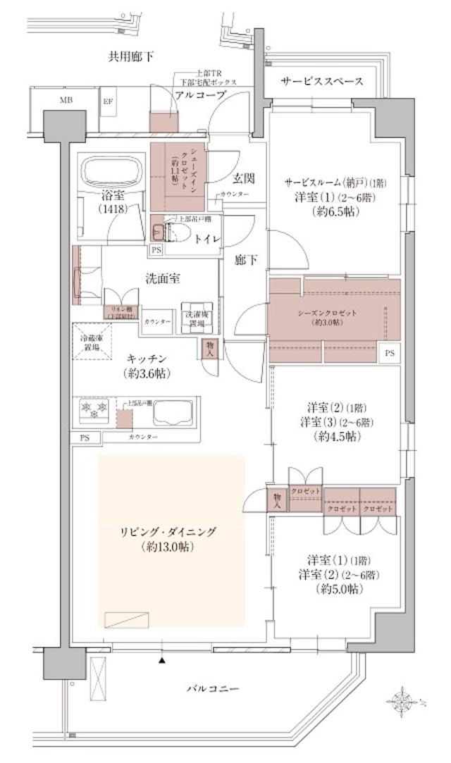 ウエリス西宮甲東園の間取り図　EI：3LDK+WIC+SIC/2LDK+S+WIC+SIC