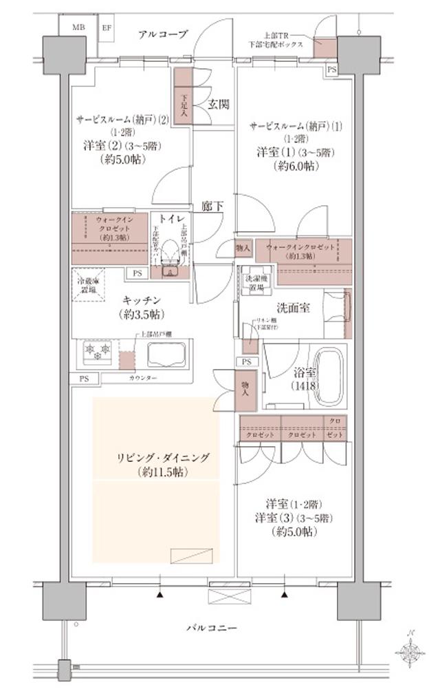 ウエリス西宮甲東園の間取り図　NF：3LDK+WIC/1LDK+2S+WIC
