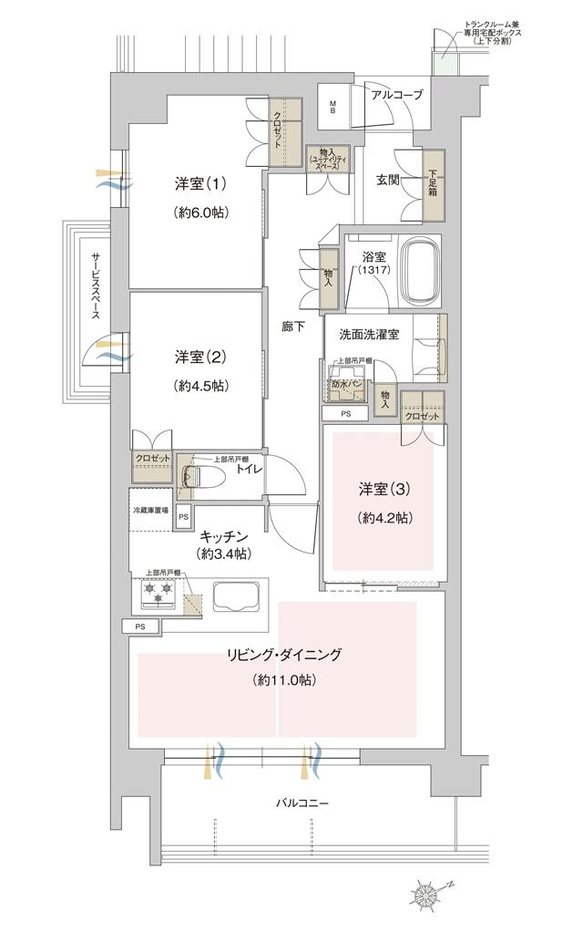 ジオ西宮テラスの間取り図　[WEST] A：3LDK