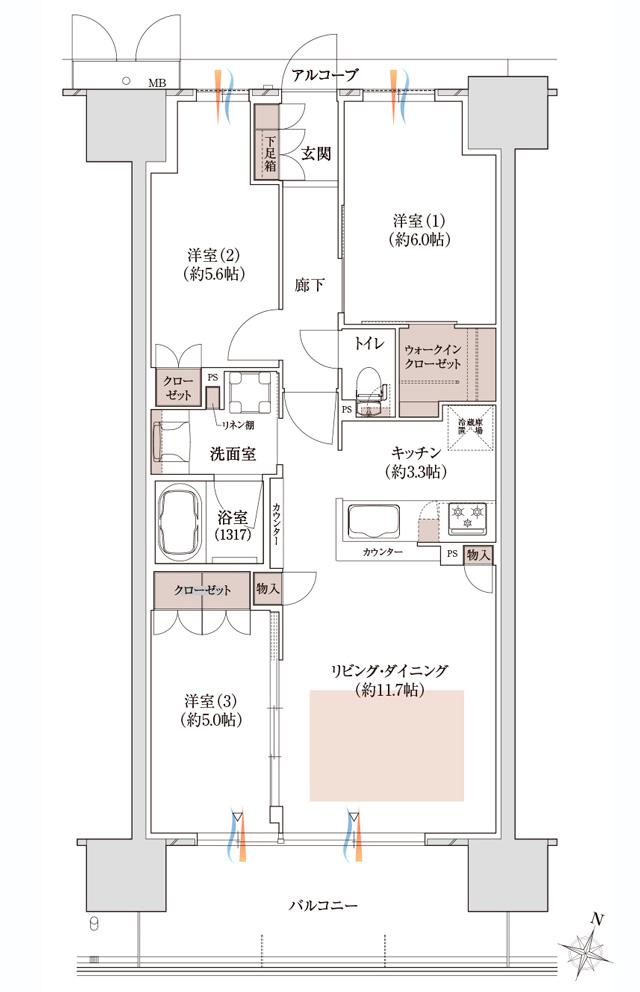 プラネスーペリア泉北原山公園の間取り図　C1：3LDK+WIC