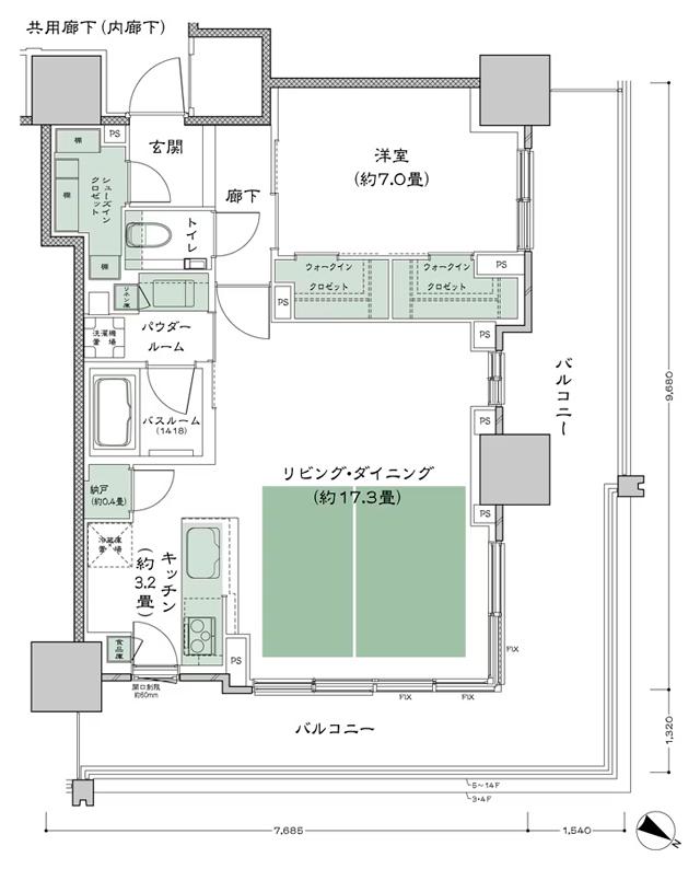 ベイシティタワーズ神戸 EASTの間取り図　E-65A-1：1LDK+N+2WIC+SIC