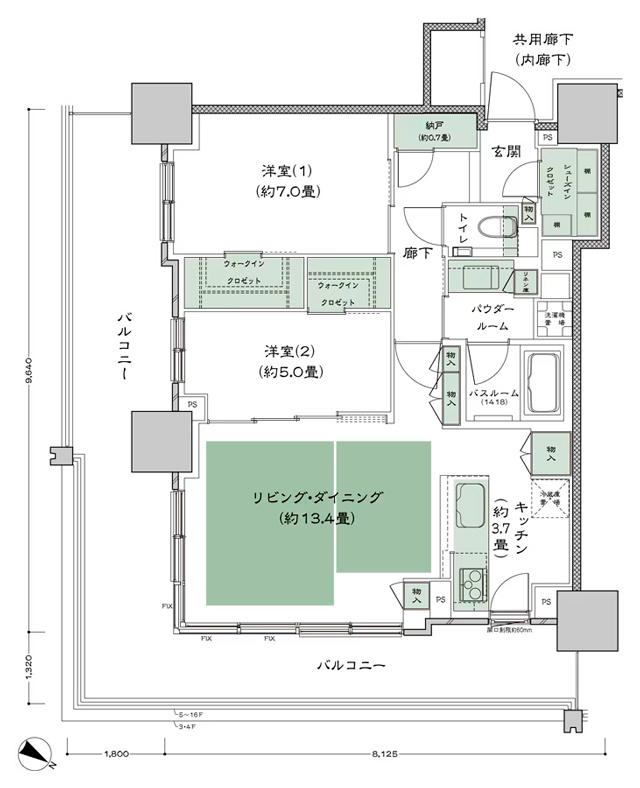 ベイシティタワーズ神戸 EASTの間取り図　E-70J-2：2LDK+N+2WIC+SIC