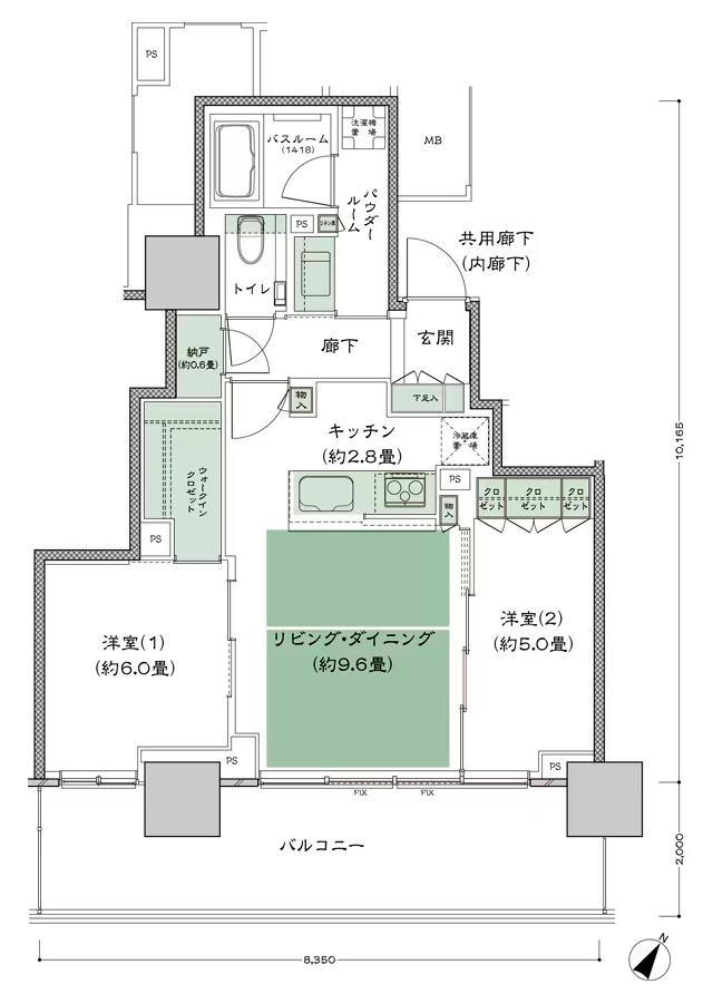 ベイシティタワーズ神戸 EASTの間取り図　E-60E-2：2LDK+N+WIC