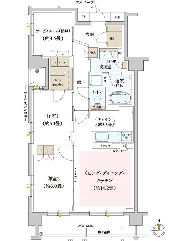 ヴェリテ元離宮二条城の間取り図　Aメニュープラン2：2LDK+S+WIC+SIC