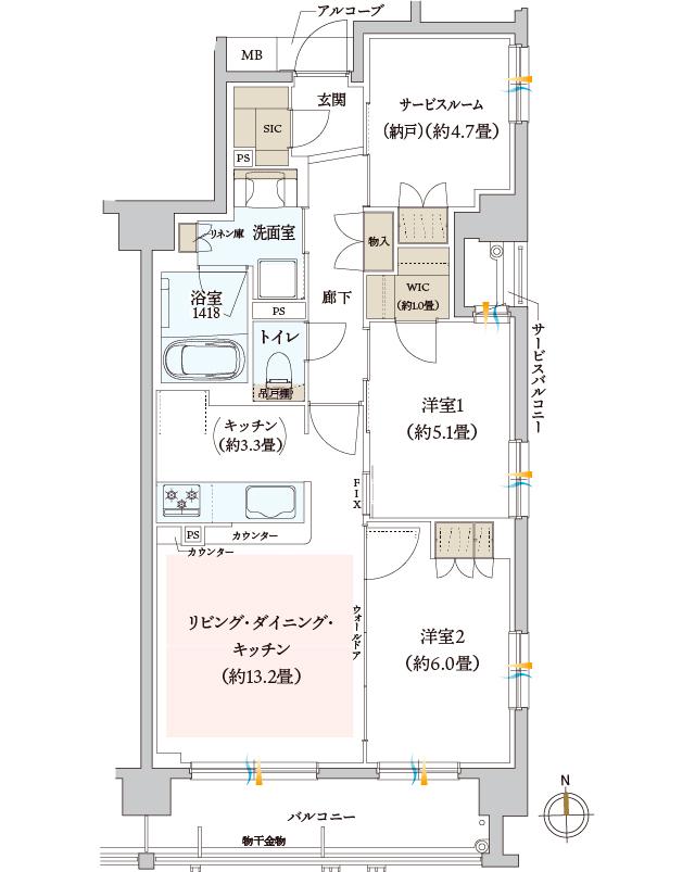 ヴェリテ元離宮二条城の間取り図　Bメニュープラン2：2LDK+S+WIC+SIC