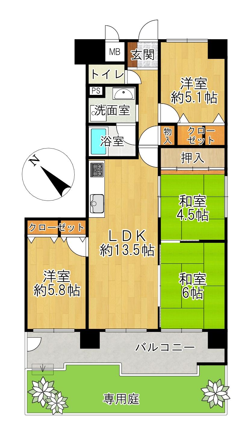 ユニライフ刀根山　【専用庭付き4LDK】