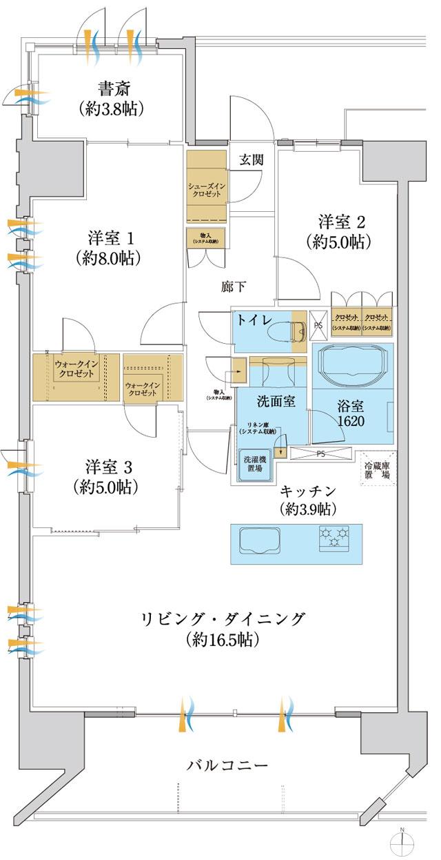 レーベン松山三番町 ONE TOWERの間取り図　F：3LDK+書斎+2WIC+SIC