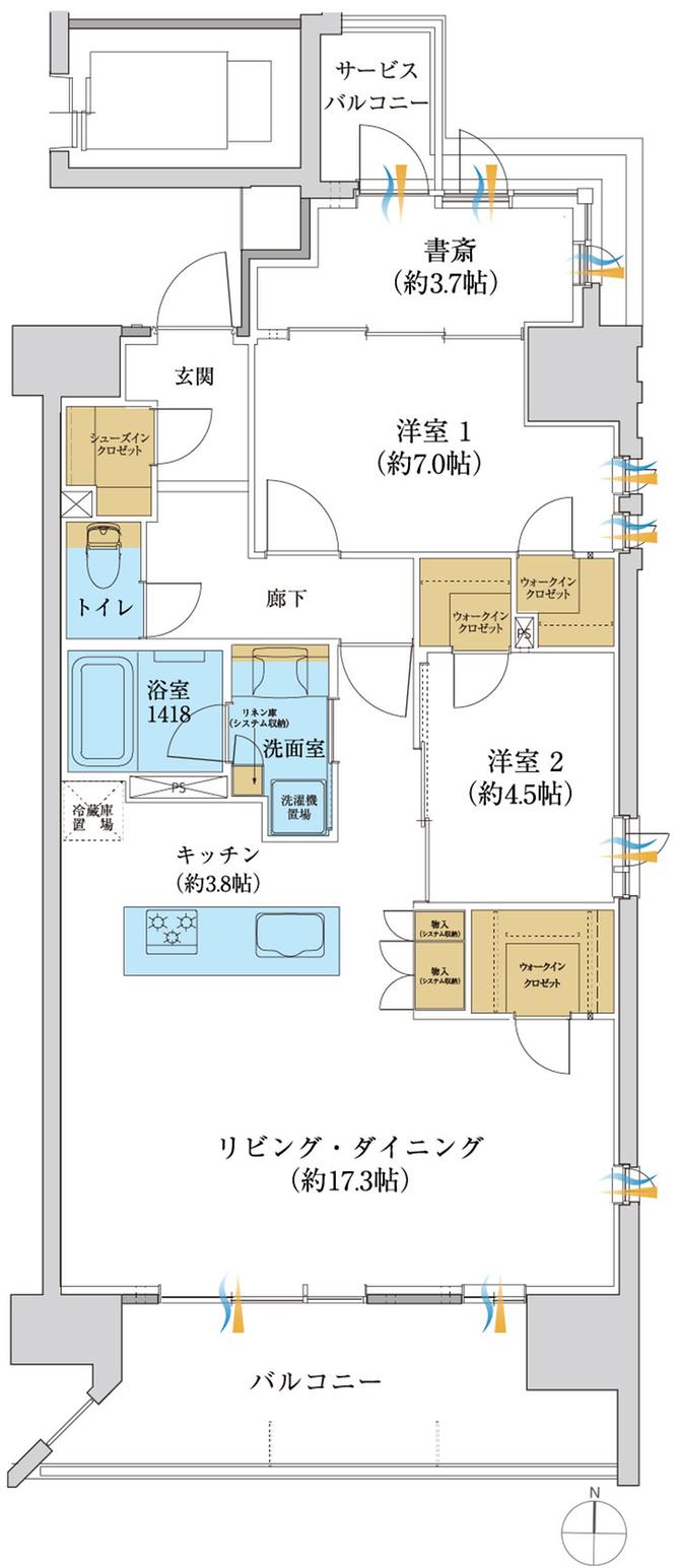 レーベン松山三番町 ONE TOWERの間取り図　G SELECT2：2LDK+書斎+3WIC+SIC
