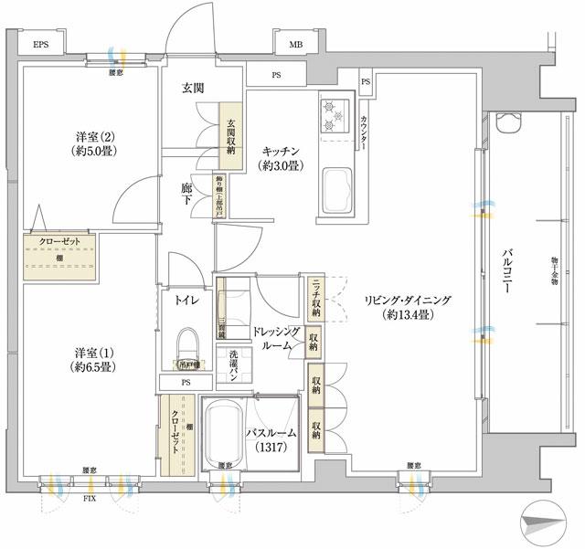 サーパス栗林公園ミッドグランの間取り図　D：2LDK