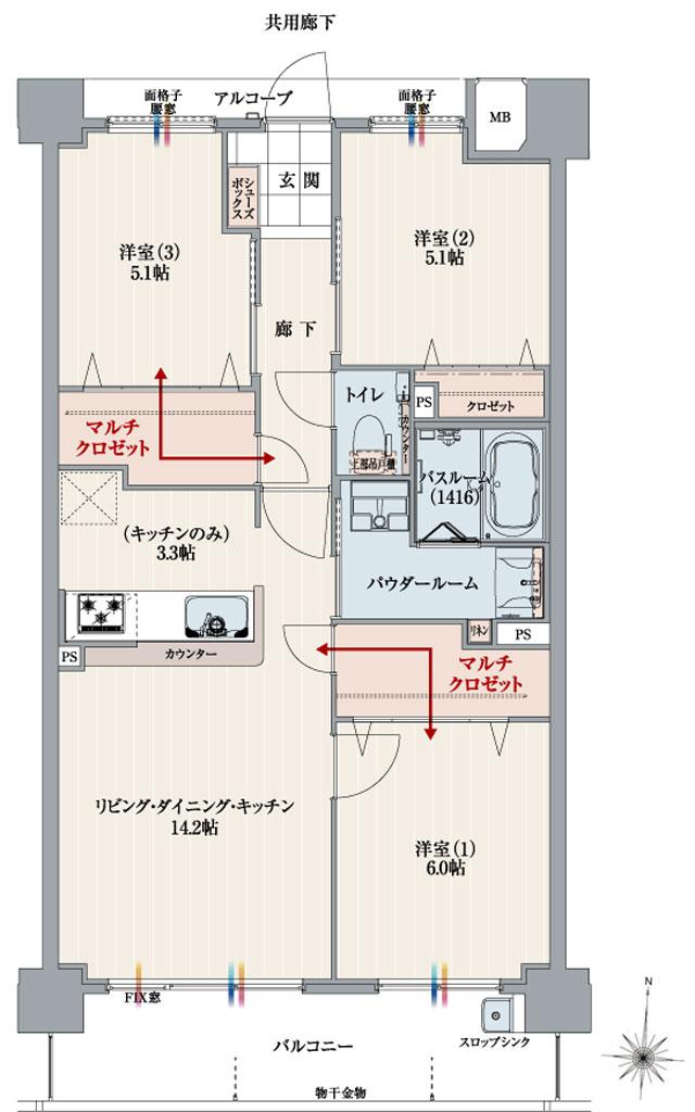 アルファスマート道後湯築の間取り図　F：3LDK+マルチクロゼット