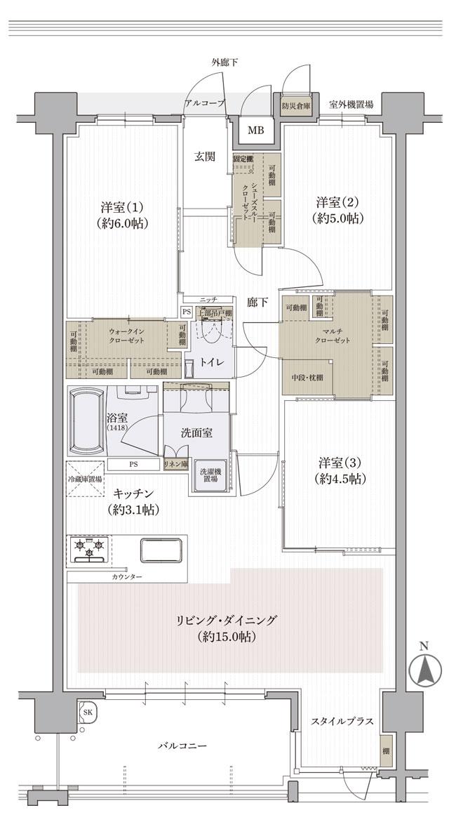 クレアホームズ道後上市 ザ・プレミアムの間取り図　D：3LDK