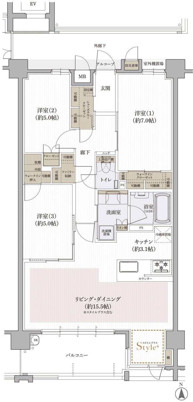 クレアホームズ道後上市 ザ・プレミアムの間取り図　B MENU PLAN2：3LDK+スタイルプラス