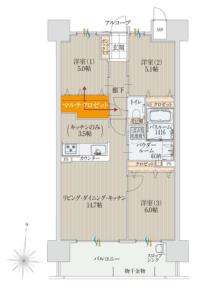 アルファステイツ高知駅前IIIの間取り図　B：3LDK+マルチクロゼット