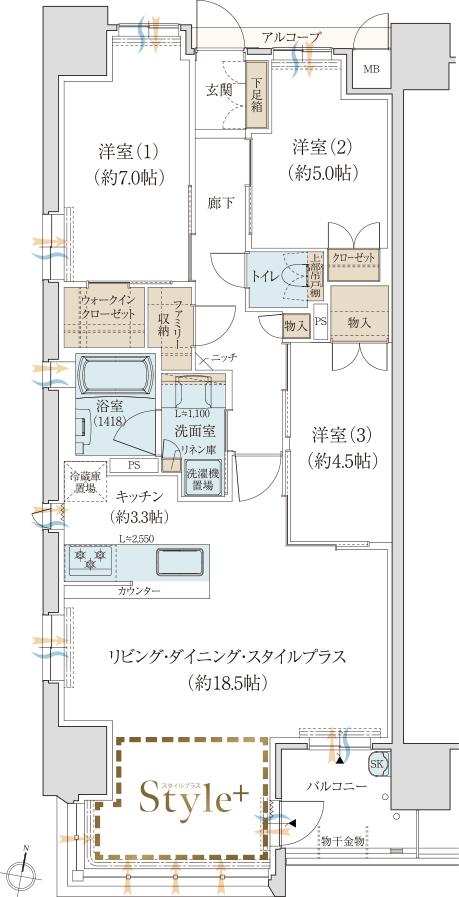 クレアホームズ鷹匠公園ザ・タワーの間取り図　A：3LDK+ウォークインクローゼット+ファミリー収納