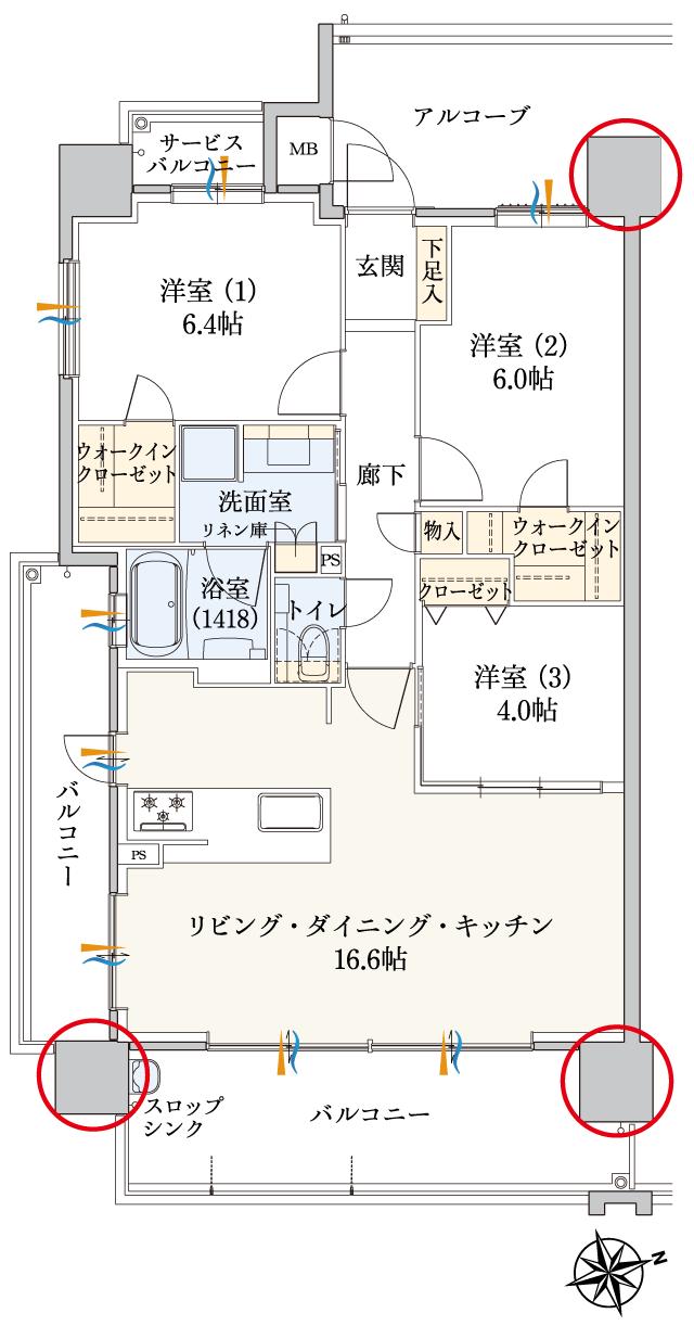 ラルステージ久米駅前の間取り図　A：3LDK+2WIC