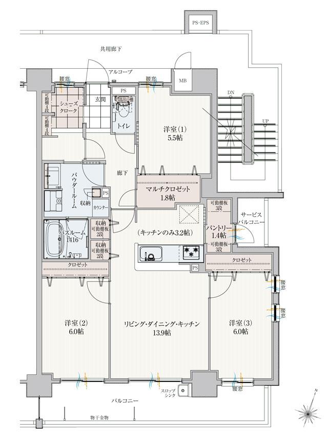アルファスマート高松駅西IIの間取り図　J：3LDK+マルチクロゼット+シューズクローク