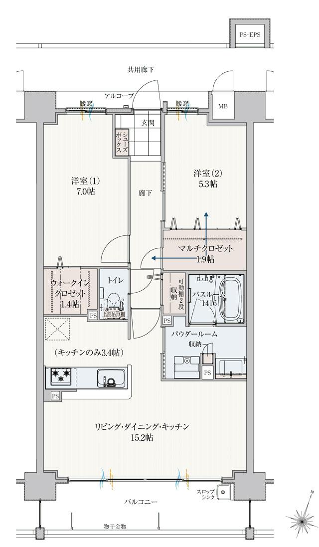 アルファスマート高松駅西IIの間取り図　E：2LDK+ウォークインクロゼット+マルチクロゼット