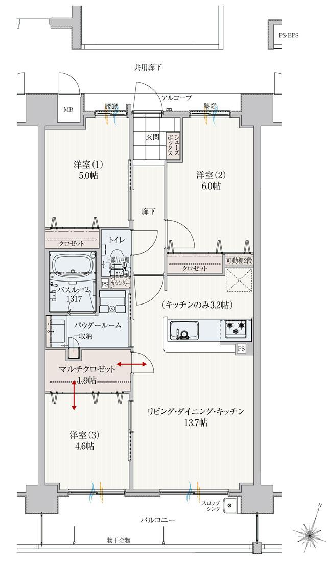 アルファスマート高松駅西IIの間取り図　B：3LDK+マルチクロゼット