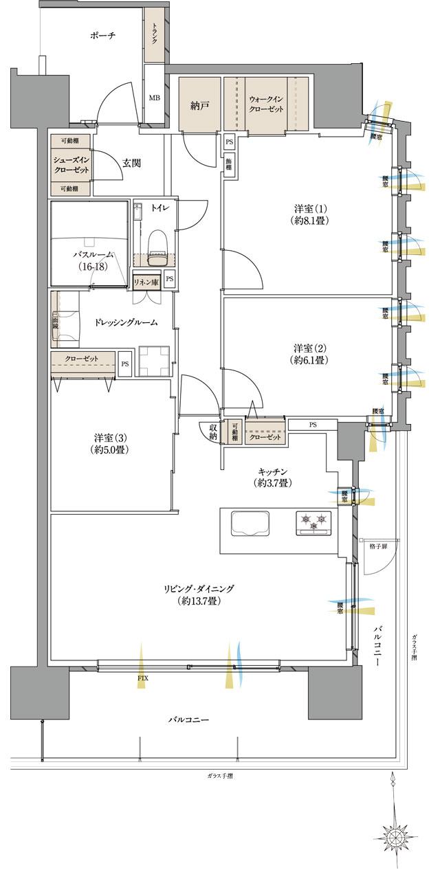 ザ・サーパス高松錦町の間取り図　H：3LDK+WIC+SIC+N