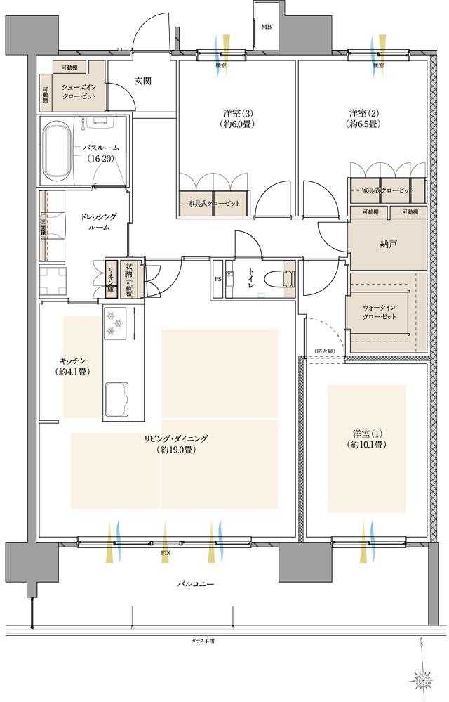 ザ・サーパス高松錦町の間取り図　L：3LDK+WIC+SIC+N