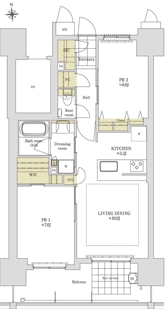 ロイヤルガーデン高松駅南弐番館の間取り図　B：2LDK+WIC+FC+SIC