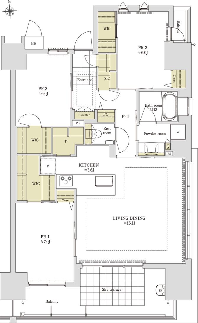 ロイヤルガーデン高松駅南弐番館の間取り図　D：3LDK+3WIC+FC+SIC+P