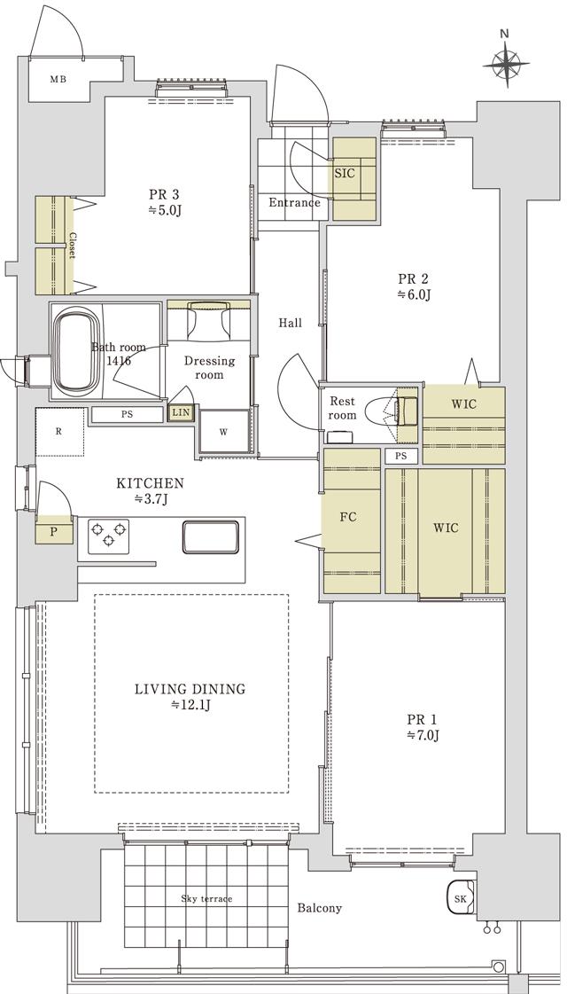 ロイヤルガーデン高松駅南弐番館の間取り図　A：3LDK+2WIC+FC+P+SIC