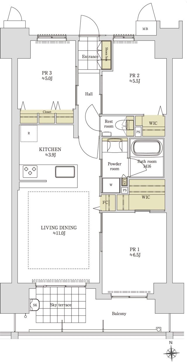 ロイヤルガーデン高松駅南弐番館の間取り図　C：3LDK+2WIC+FC