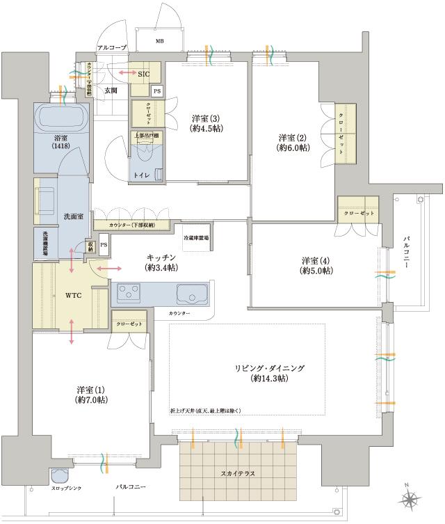 ロイヤルガーデン福島の間取り図　F：4LDK+WTC+SIC