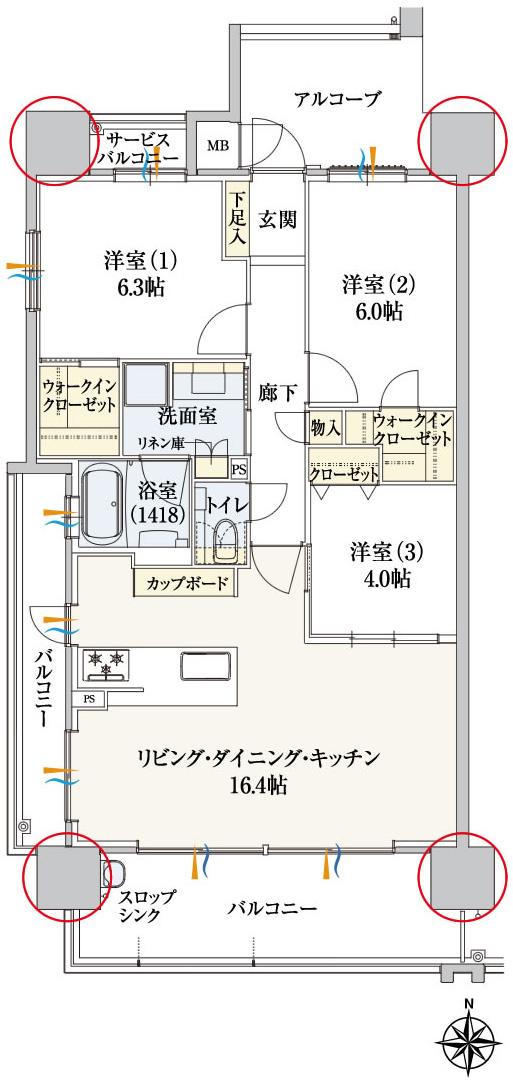ラルステージ古川西[椿]の間取り図　A：3LDK+2WIC