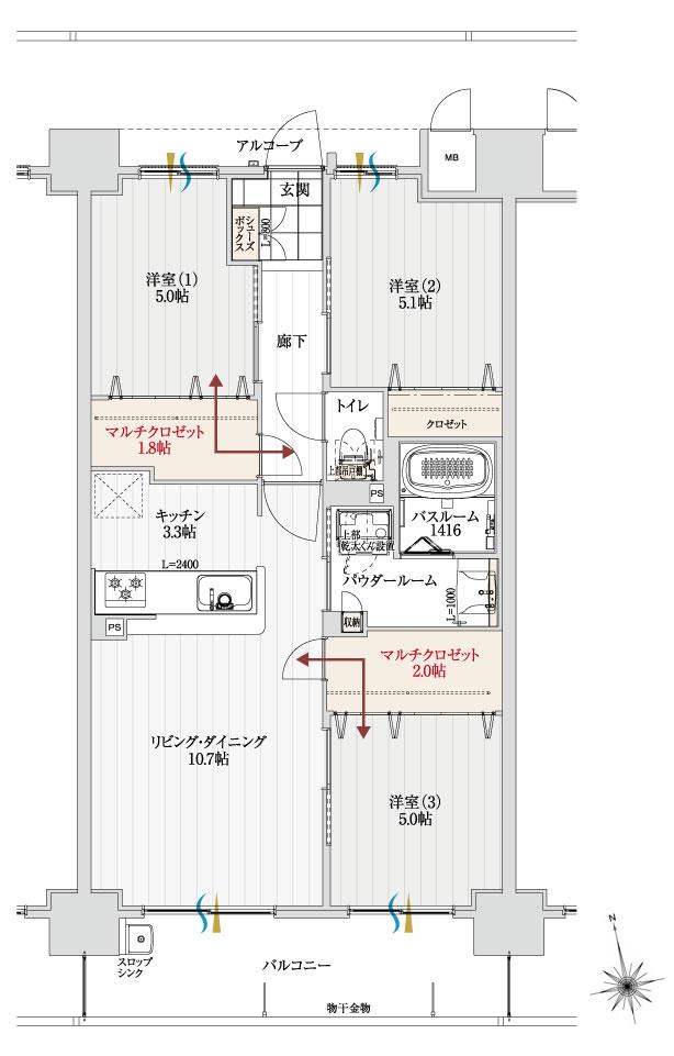 アルファスマート三条の間取り図　I：3LDK+2マルチクロゼット