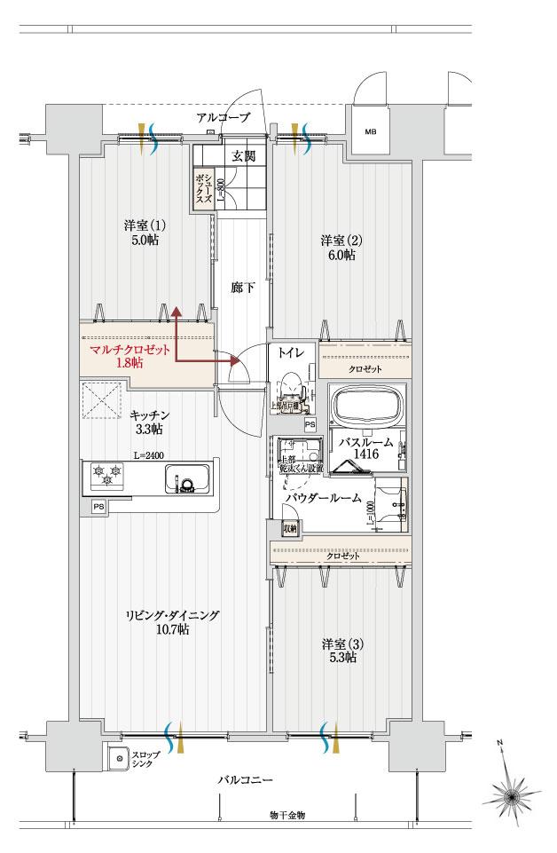 アルファスマート三条の間取り図　C：3LDK+マルチクロゼット