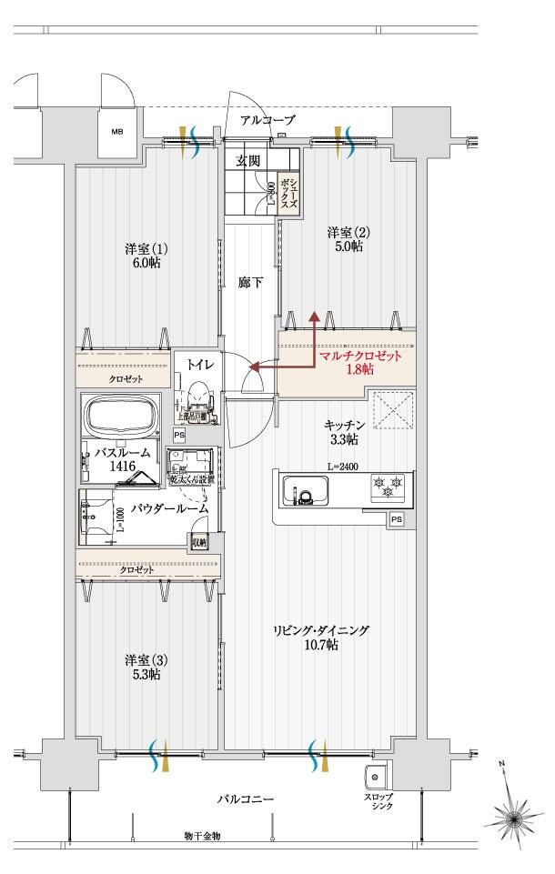 アルファスマート三条の間取り図　D：3LDK+マルチクロゼット