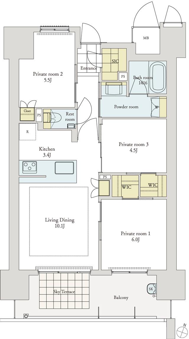 ロイヤルガーデン中吉野 ザ・グランの間取り図　E：3LDK+2WIC+SIC