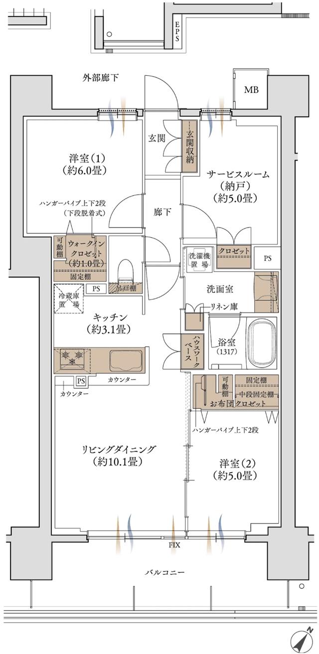 エンブレム徳島の間取り図　I-J：2LDK+S+WIC+FC