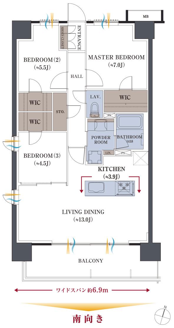レーベン新居浜 MID COURTの間取り図　A：3LDK+N+3WIC