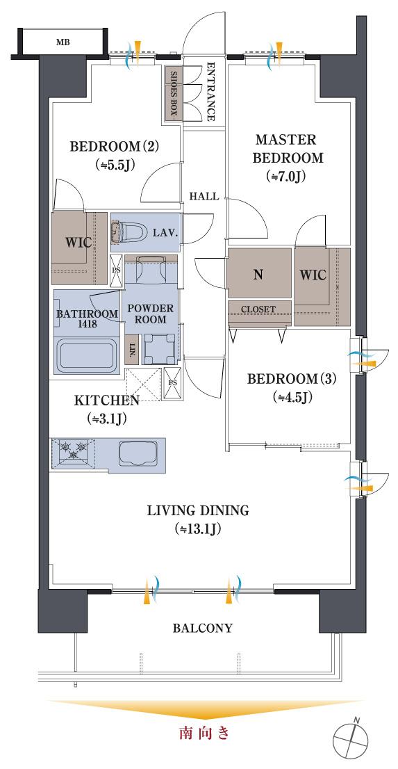 レーベン新居浜 MID COURTの間取り図　E：3LDK+N+2WIC