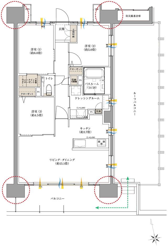 サーパス伏石中央公園南の間取り図　Cr：3LDK+WIC