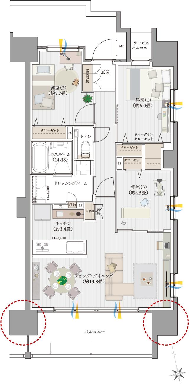 サーパス伏石中央公園南の間取り図　D：3LDK+WIC